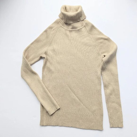 Women's Knit Metallic Gold Fitted Turtleneck Sweater - Picture 1 of 7